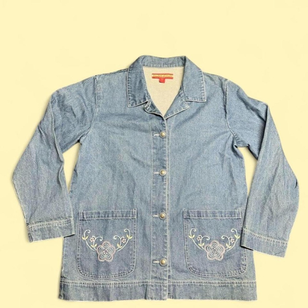 Tudor Court Vintage Denim Chore Jacket Embroidered Floral Barn Coat Blue Medium